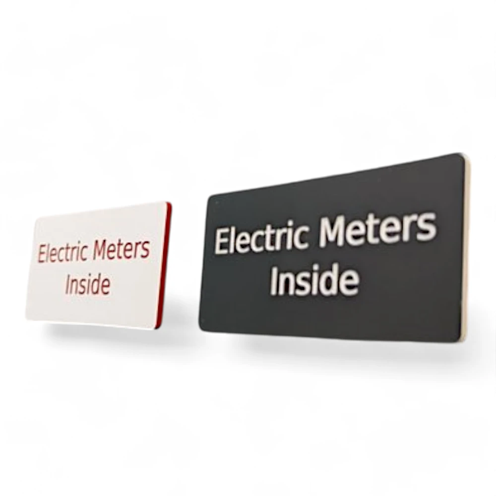 Electrical tags in black, white and red.