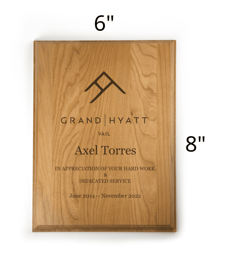 6x8 etched Grand Hyatt vail for hard work and dedicated service.