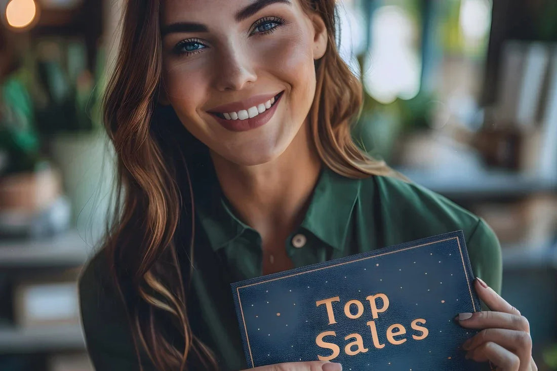 business-woman-employee-holding-top-sales-card-elevated-engravings.