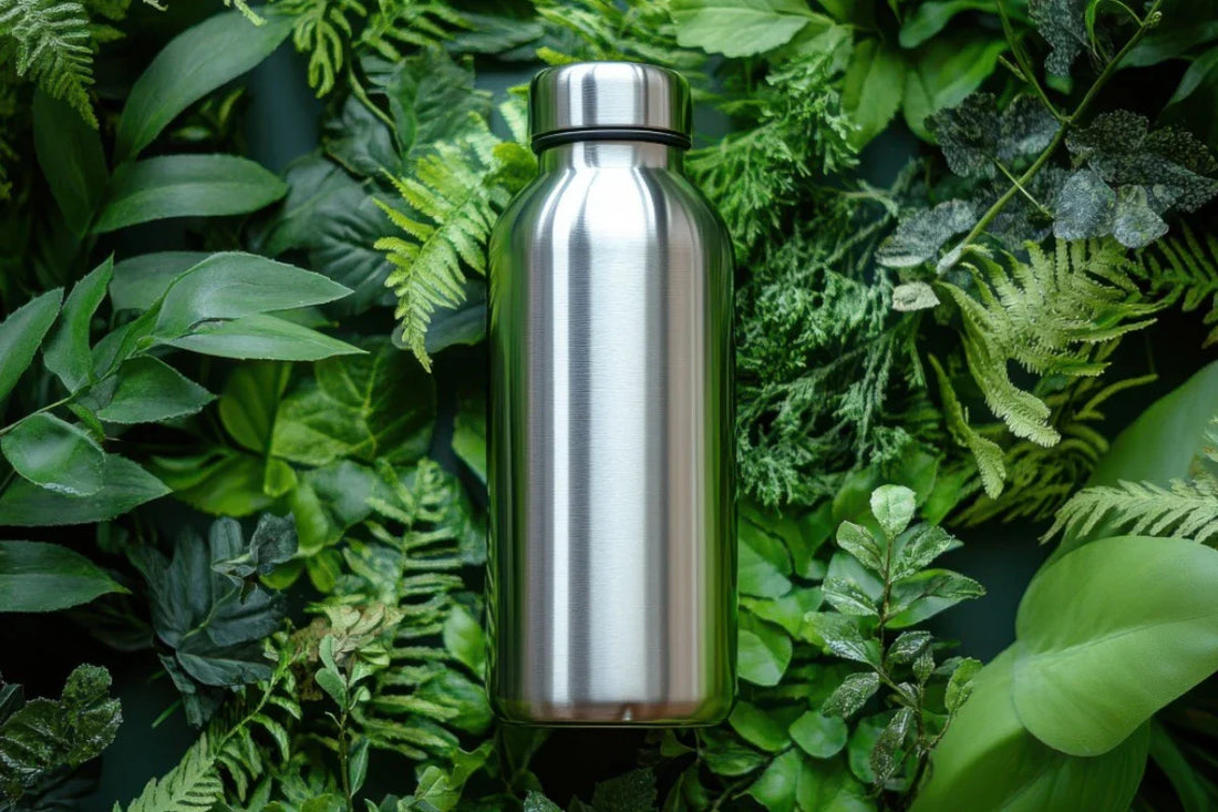 stainless-steel-water-bottle-sitting-on-grass-leaves-sustainbility-efforts-elevated-engravings.