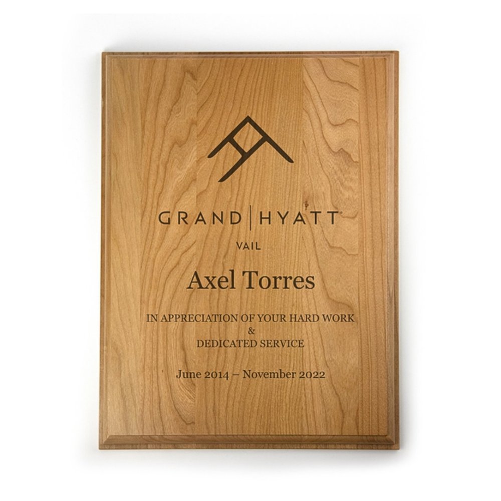 wood awards and plaques for grand hyatt vail team members.