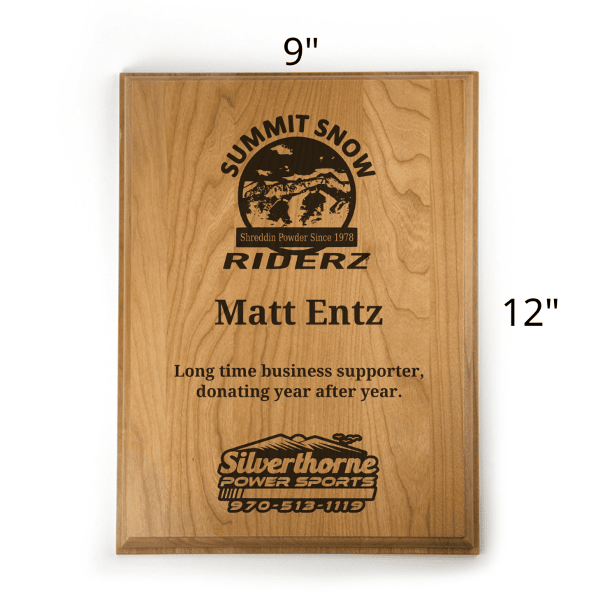 9x12 Etched Summit snow riders silverthorne power sports long time business supporter plaque.