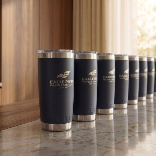 A row of dark navy blue insulated travel tumbler cups with silver metal rims and lids, lined up on a polished marble countertop in a modern corporate setting. The row of cups feature the text 'EAGLE RIVER WATER & SANITATION DISTRICT' along with their eagle organization logo.
