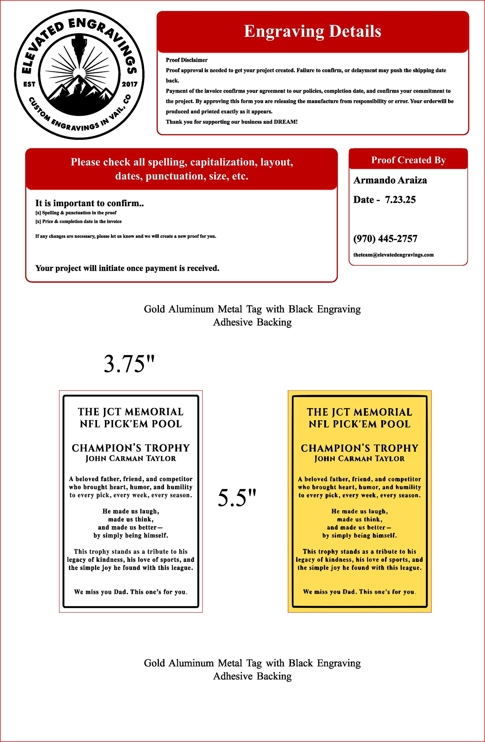 6x4 Custom Gold Engraving Plate - Personalized Brass Style Label Plate