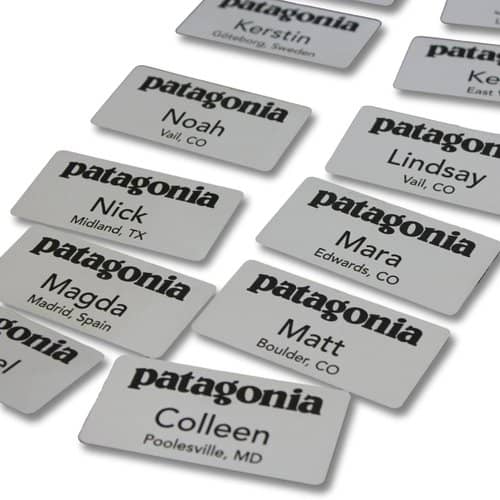 Patagonia engraved white and black name tags from Elevated Engravings.