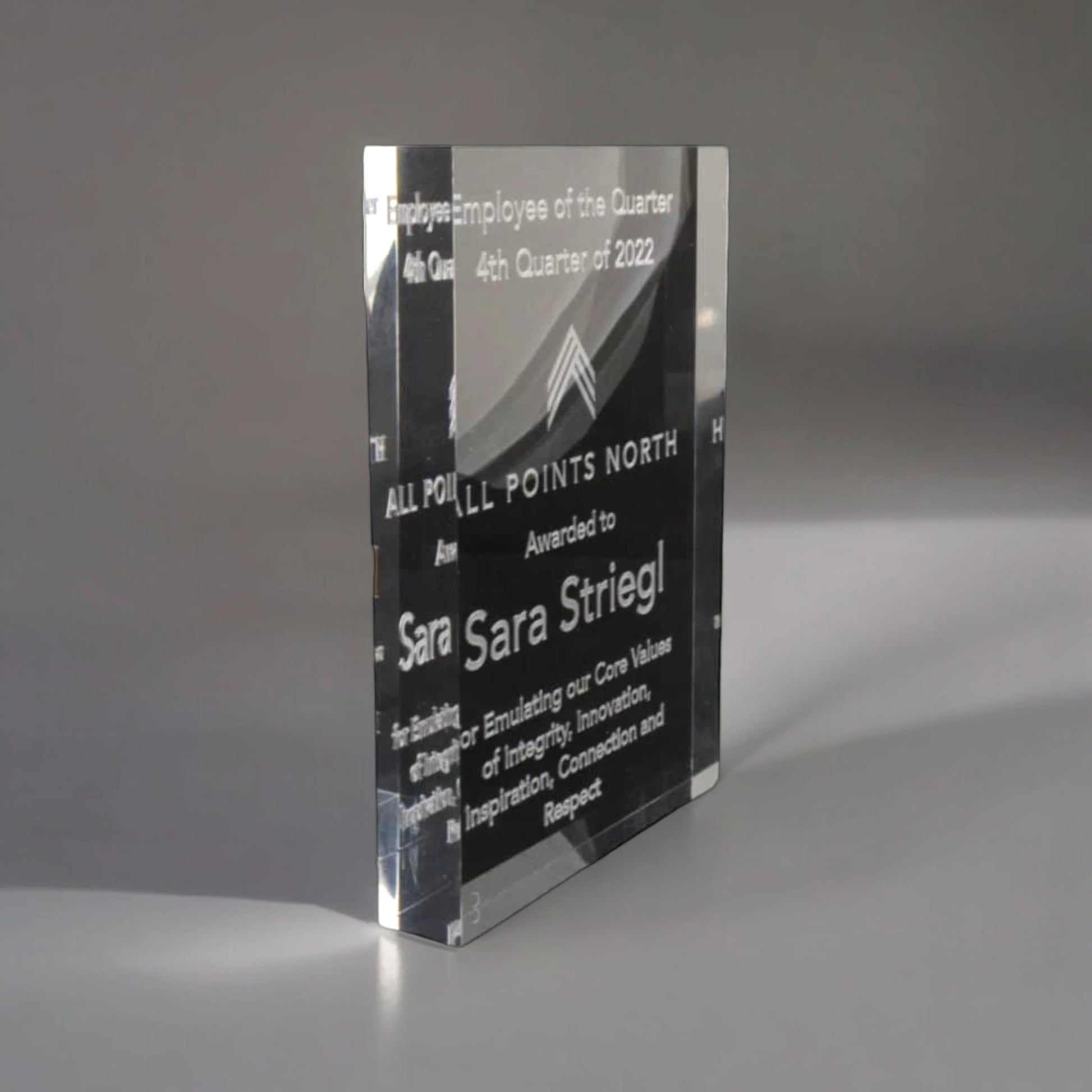 Square clear acrylic corporate award.