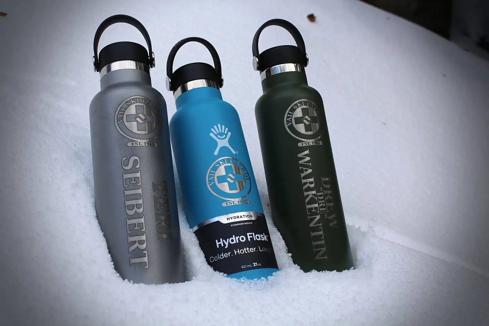 Grey, Blue & Green Hydroflask Water Bottles - Branded Water Bottles for Vail Resorts Ski Patrol Team.